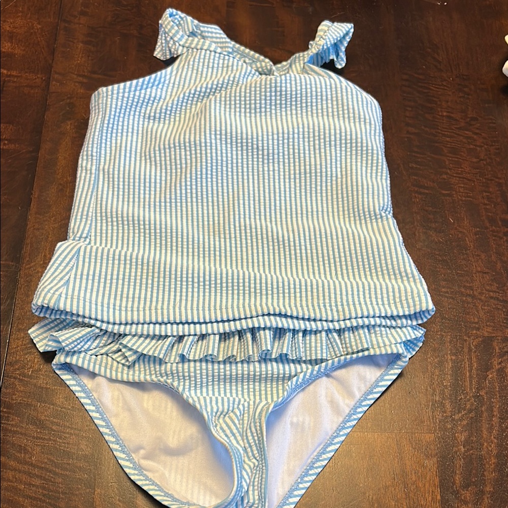 Blue and White Striped SeersuckerTwo Piece Swimsuit